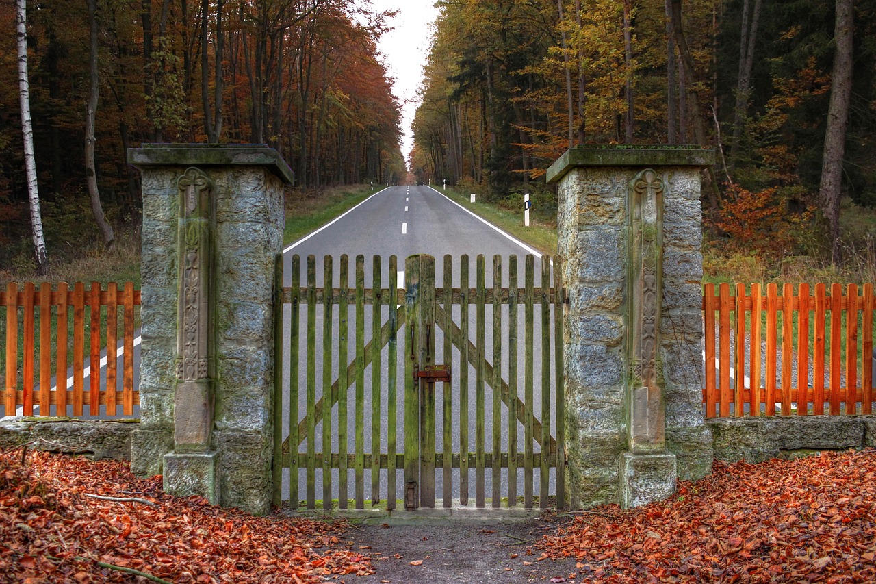 A residential metal driveway gate across a concrete drive